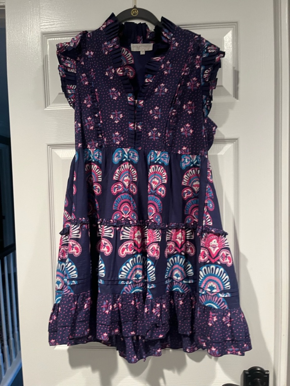 Caroline Constas Navy Mini Dress with Pink & Teal Medallions